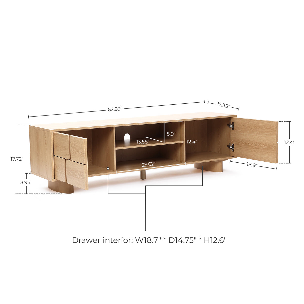 Malu Wood Media Entertainment TV Console Stand, Natural, 63"