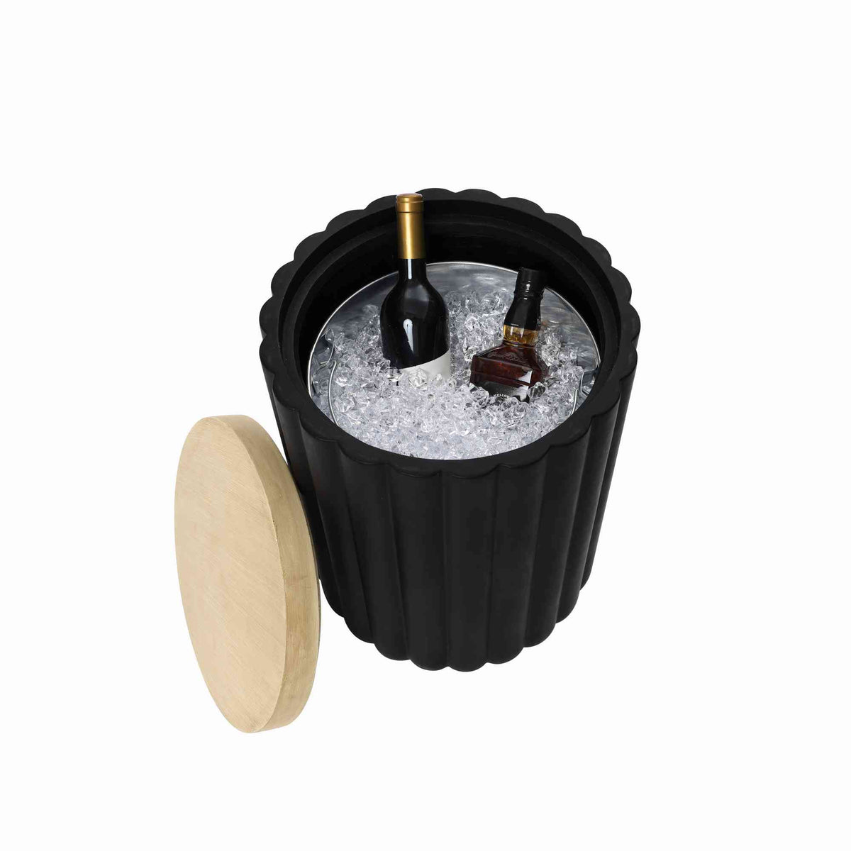 Dual-Purpose Fluted MgO Outdoor Side Table Ice Bucket Cooler, Black