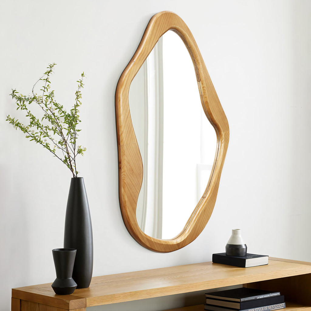 Natural Pine Wood Frame Irregular Asymmetrical Wall Mirror