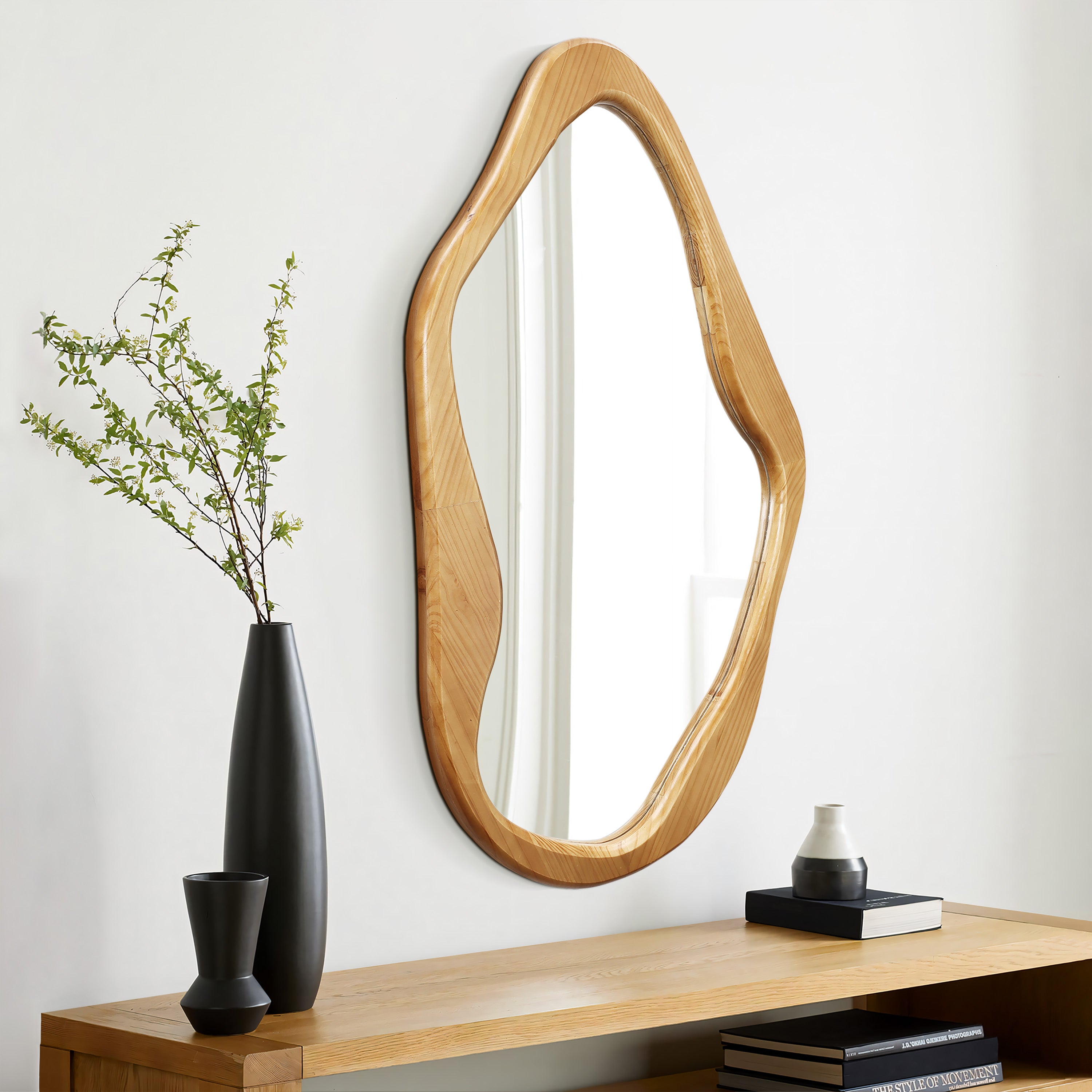 Natural Pine Wood Frame Irregular Asymmetrical Wall Mirror