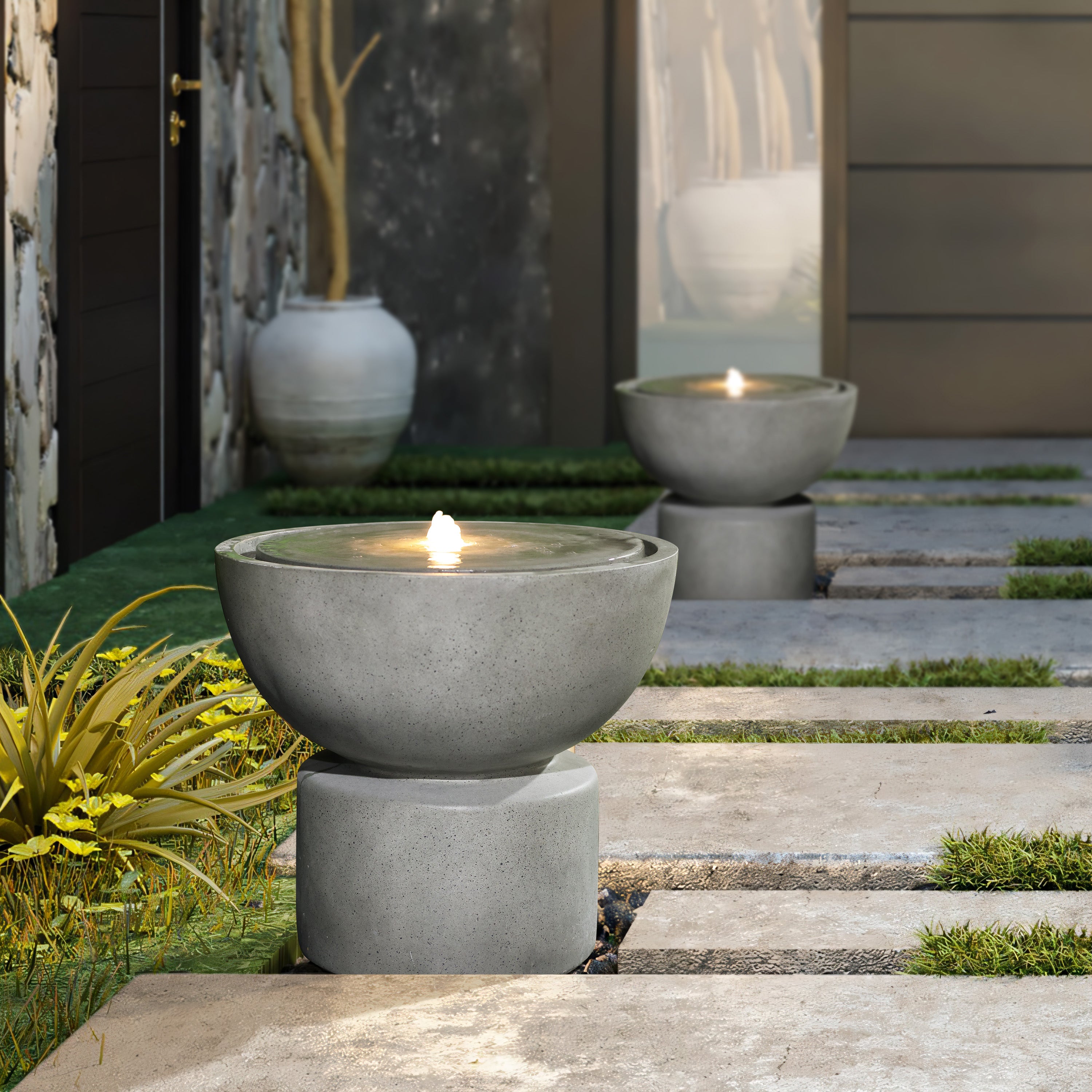 Modern Concrete Tabletop Fountain with LED Light - Serene Indoor/Outdoor Decorative