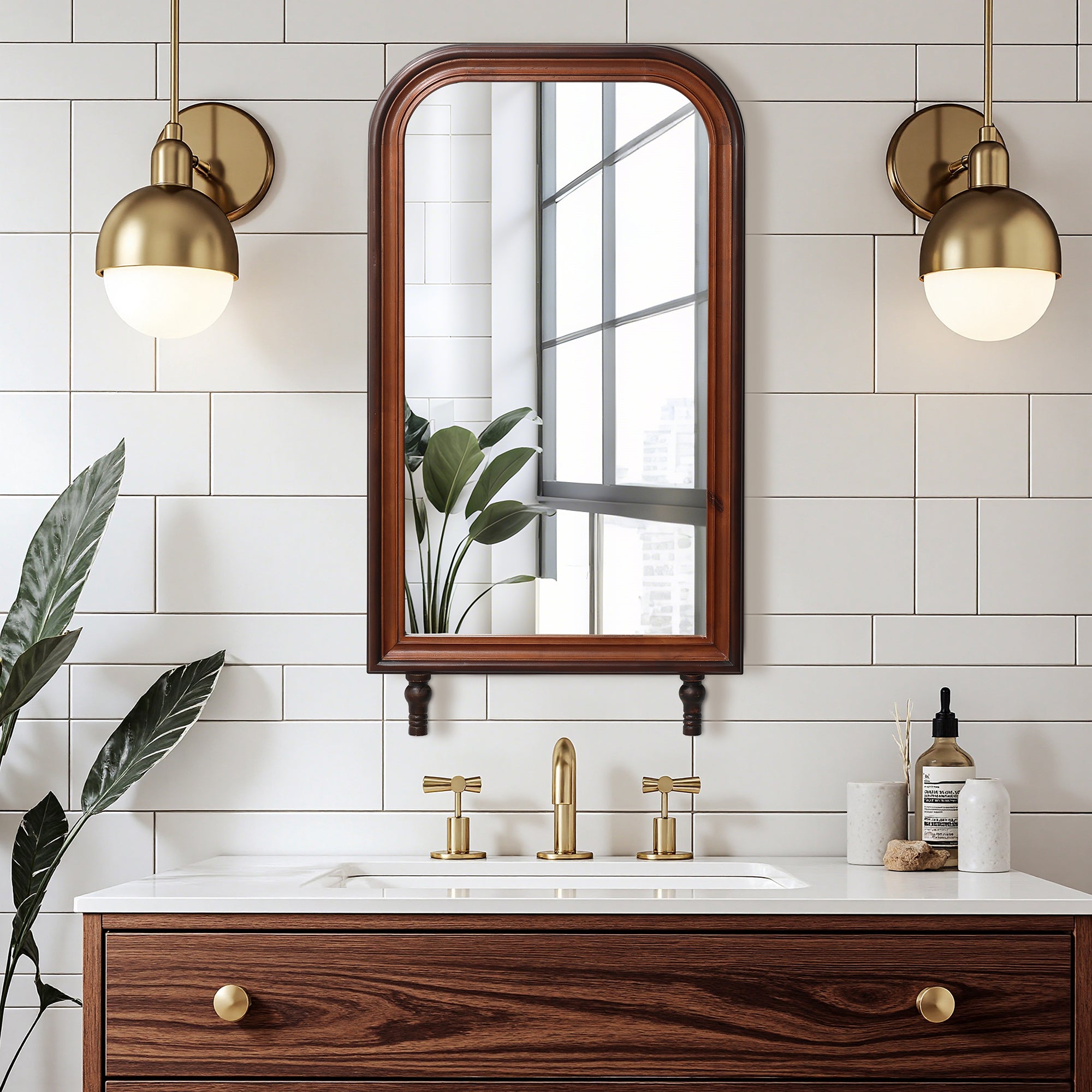 Modern 43.3” Tall Rounded Rectangle Wall Mirror with Pine Wood Frame