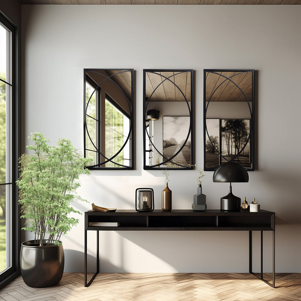 3-Piece Black Metal Rectangular Wall Mirror Set