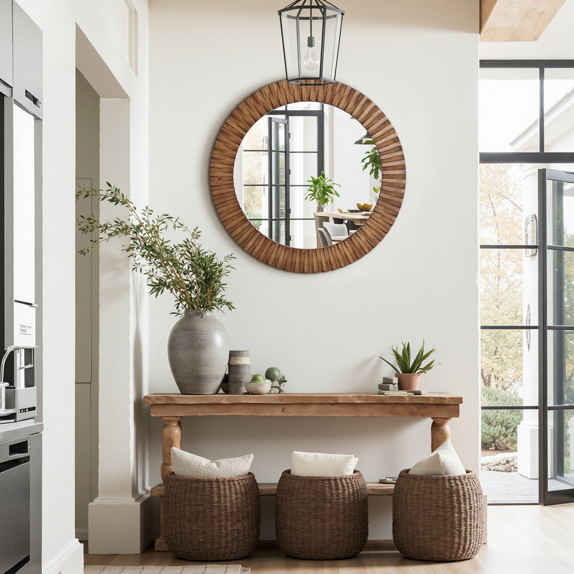 Natural Wood Framed Round Mirror – Rustic American & Nordic Style