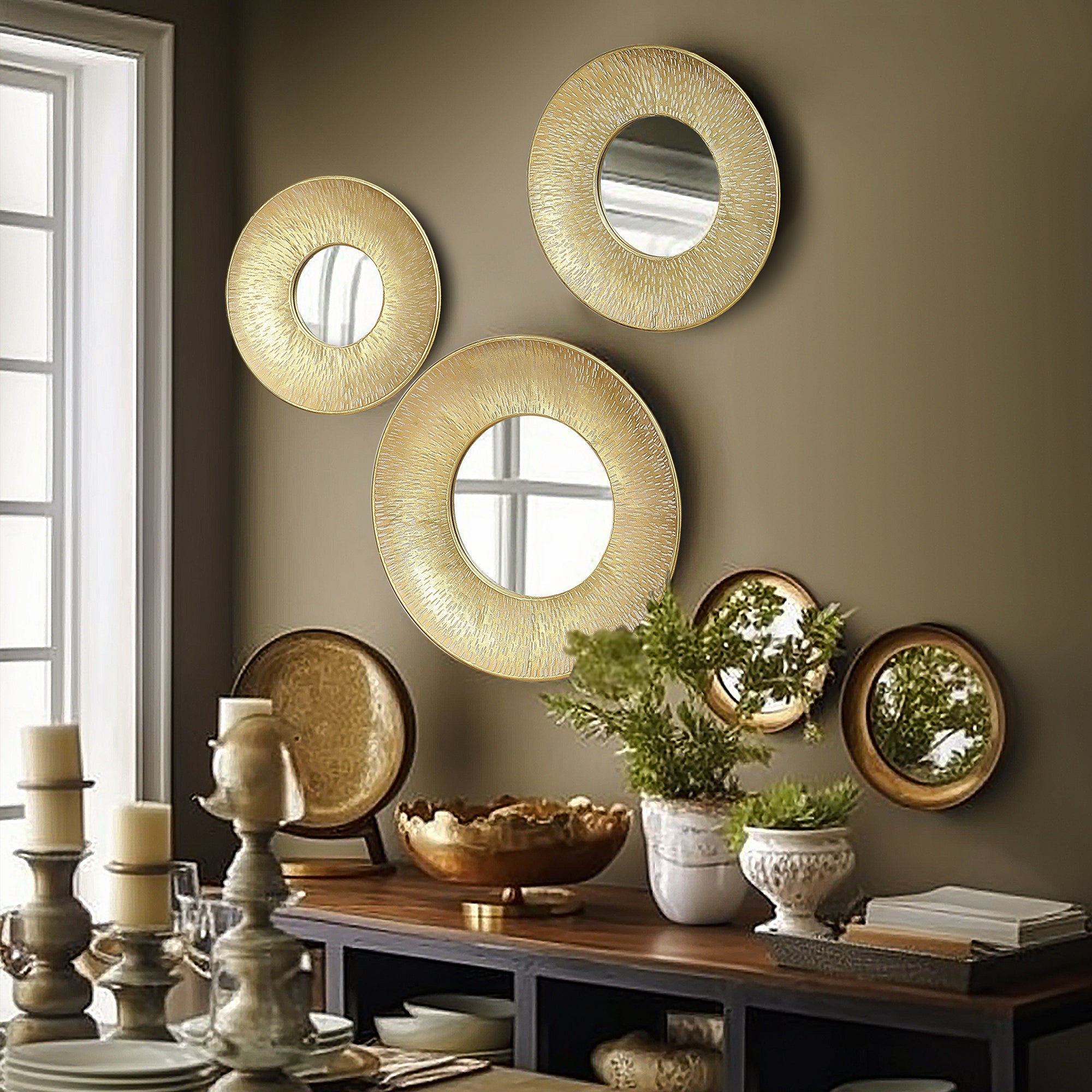 3-Piece Gold Metal Round Wall Mirror Set