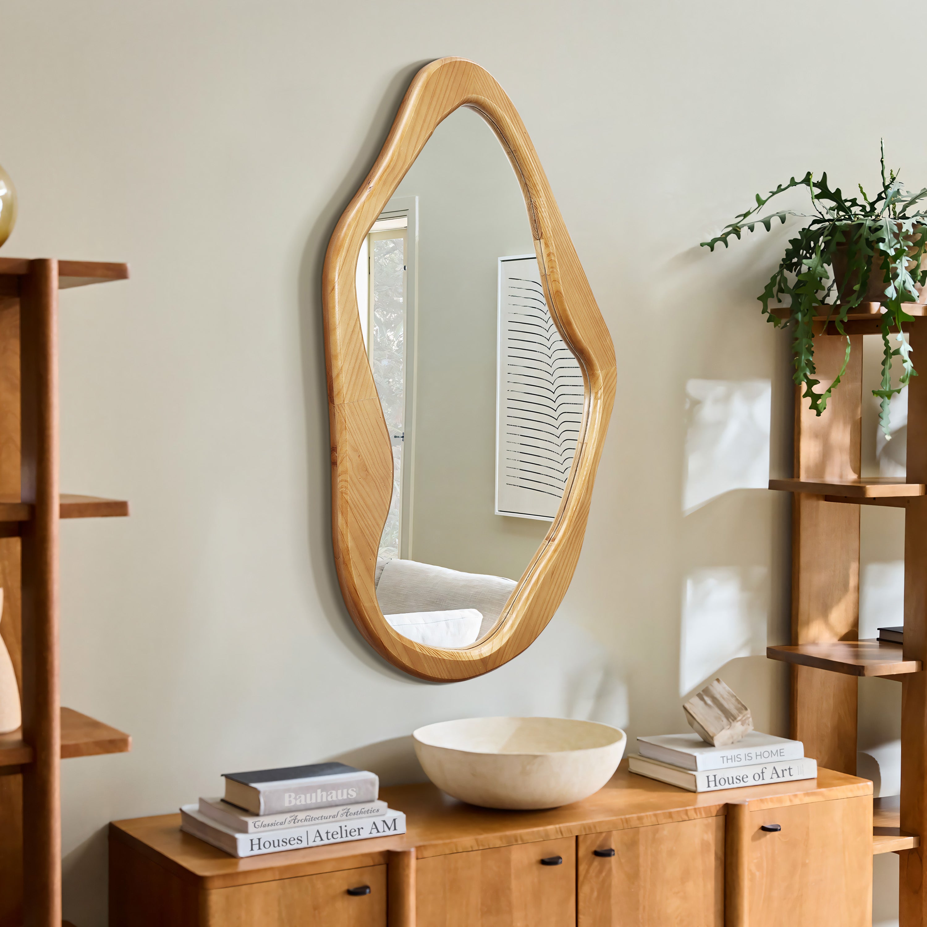 Natural Pine Wood Frame Irregular Asymmetrical Wall Mirror