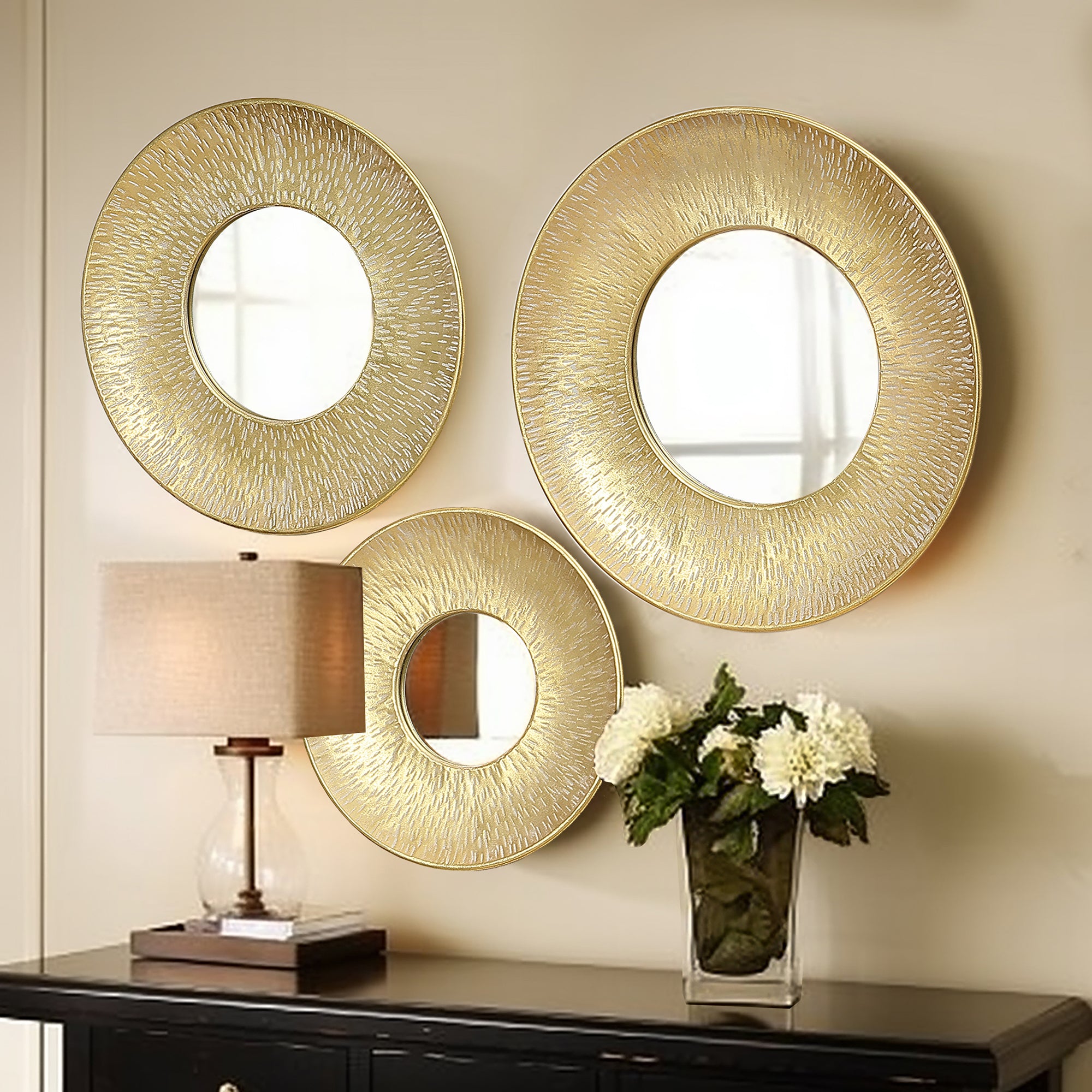 3-Piece Gold Metal Round Wall Mirror Set