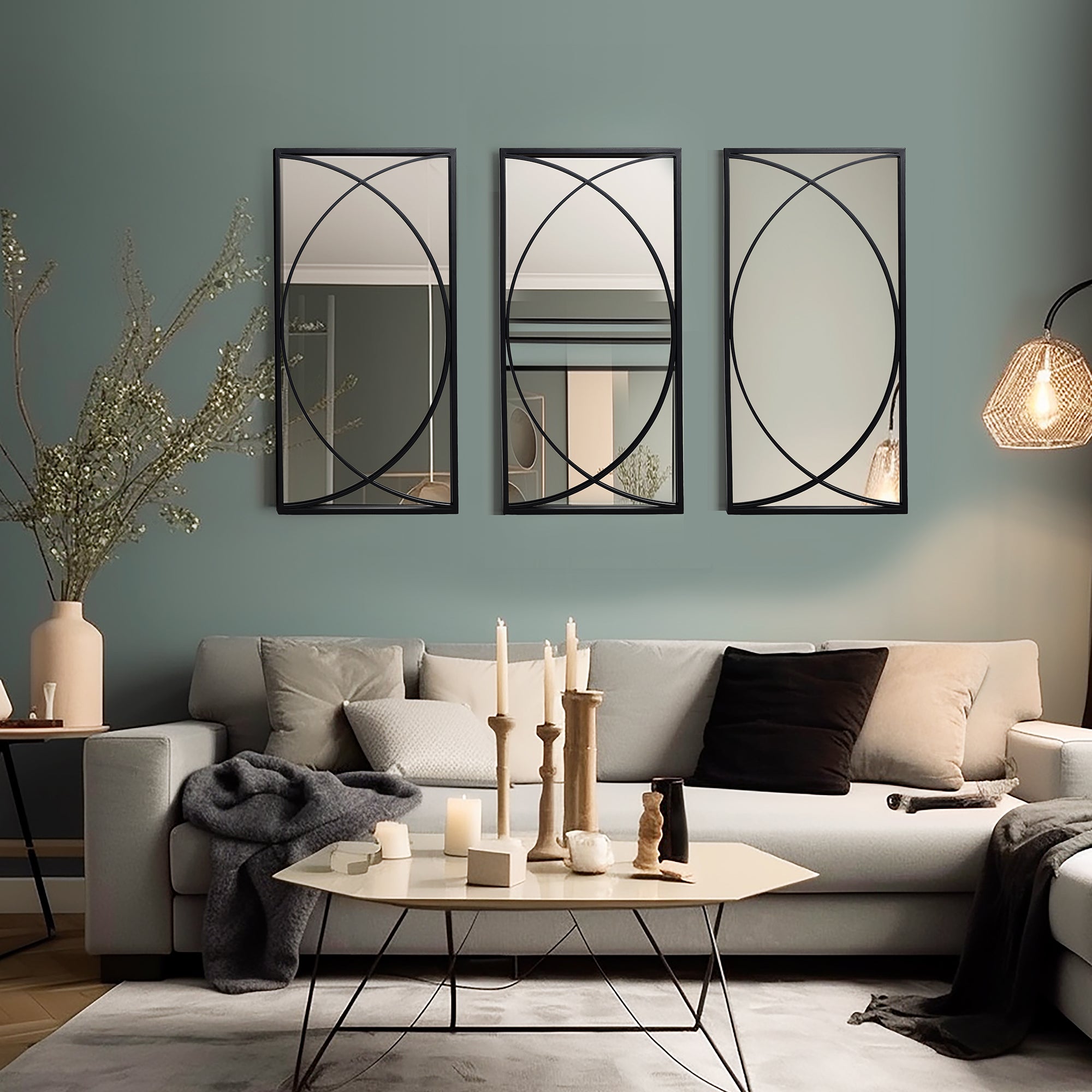 3-Piece Black Metal Rectangular Wall Mirror Set
