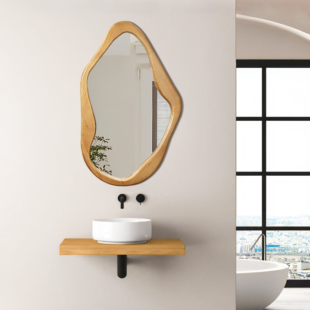 Natural Pine Wood Frame Irregular Asymmetrical Wall Mirror