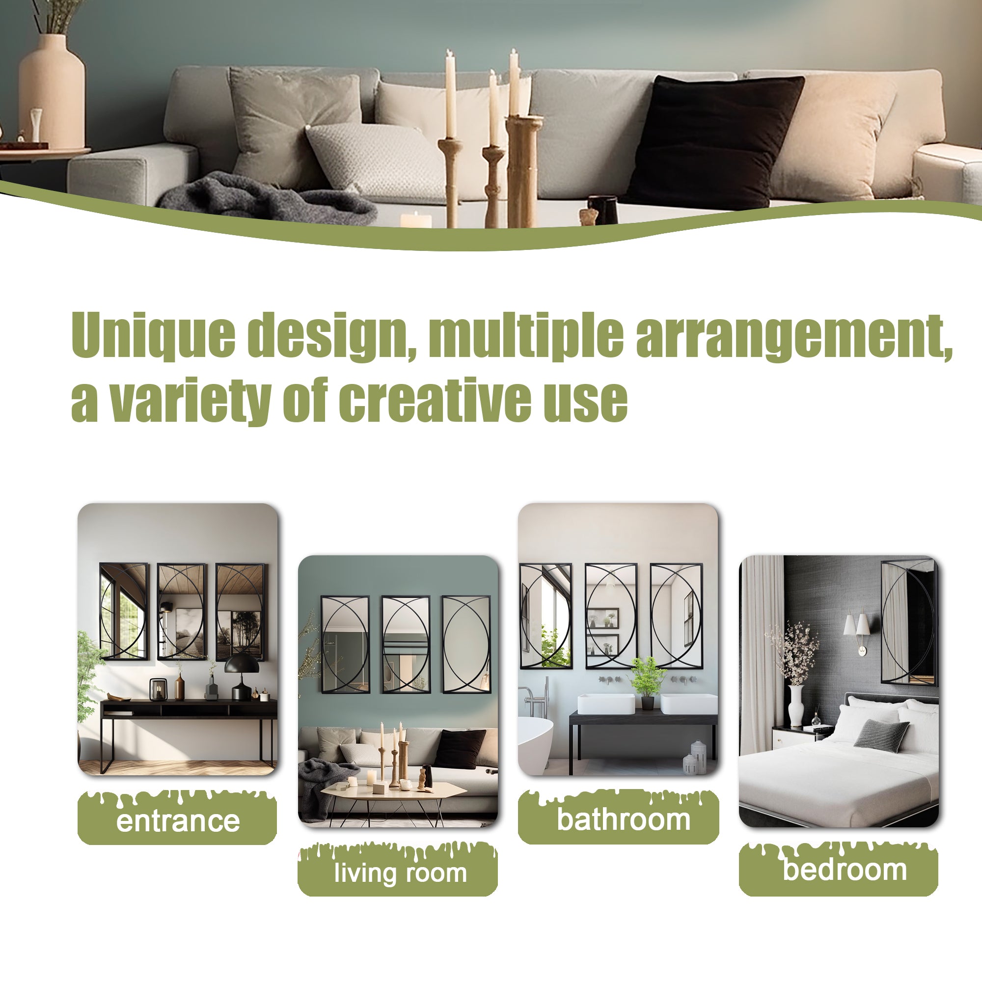 3-Piece Black Metal Rectangular Wall Mirror Set