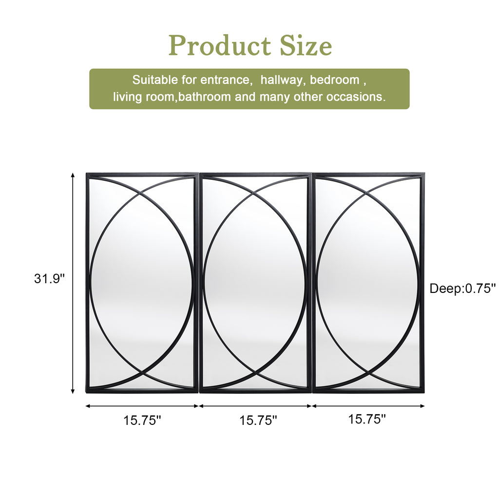 3-Piece Black Metal Rectangular Wall Mirror Set