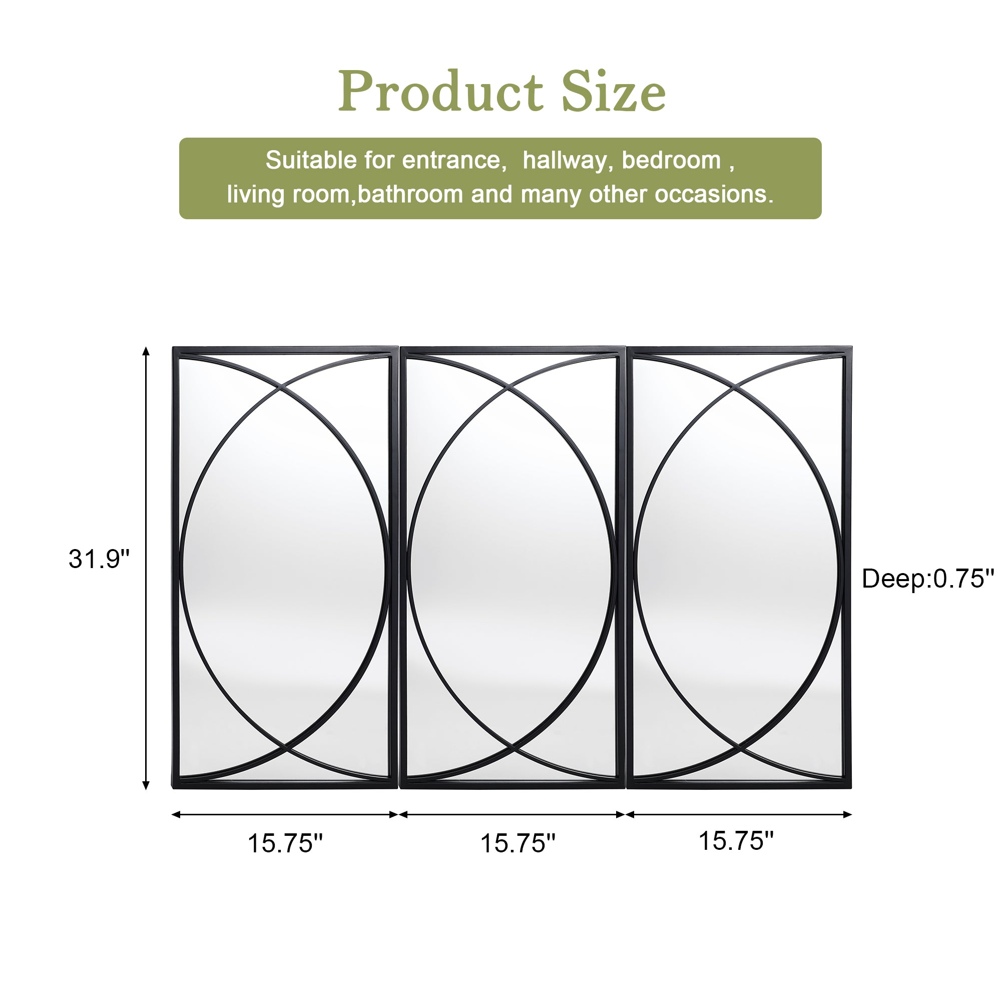 3-Piece Black Metal Rectangular Wall Mirror Set