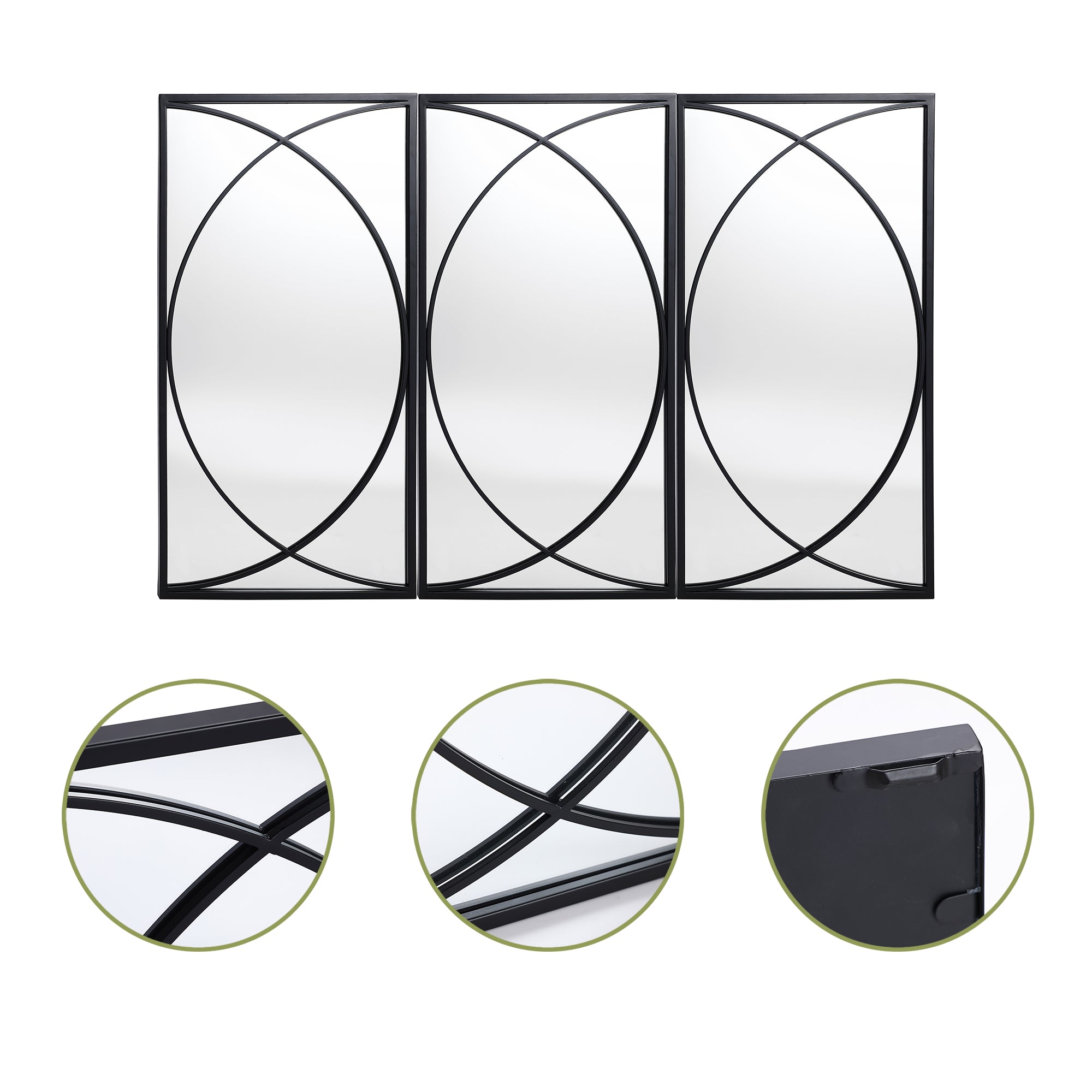 3-Piece Black Metal Rectangular Wall Mirror Set