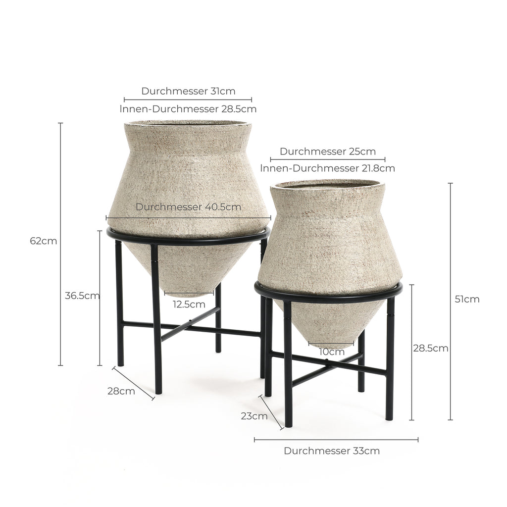 2-Piece 13" & 16" Indoor Floor Planters Metal Cachepot Cauldron Set with Stands, Distressed Beige