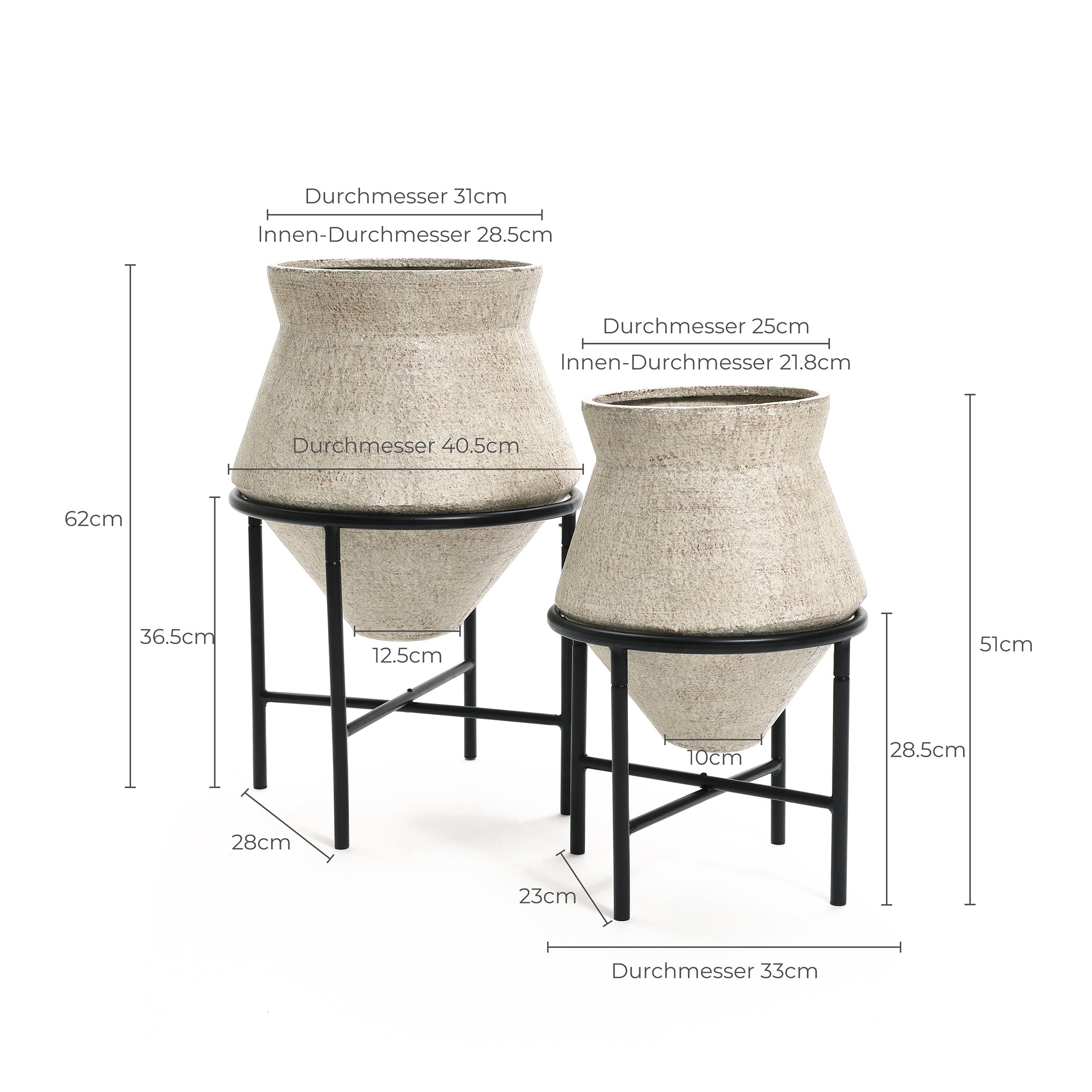 2-Piece 13" & 16" Indoor Floor Planters Metal Cachepot Cauldron Set with Stands, Distressed Beige