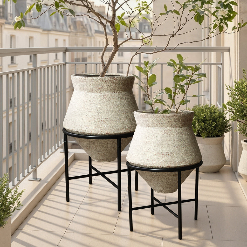 2-Piece 13" & 16" Indoor Floor Planters Metal Cachepot Cauldron Set with Stands, Distressed Beige