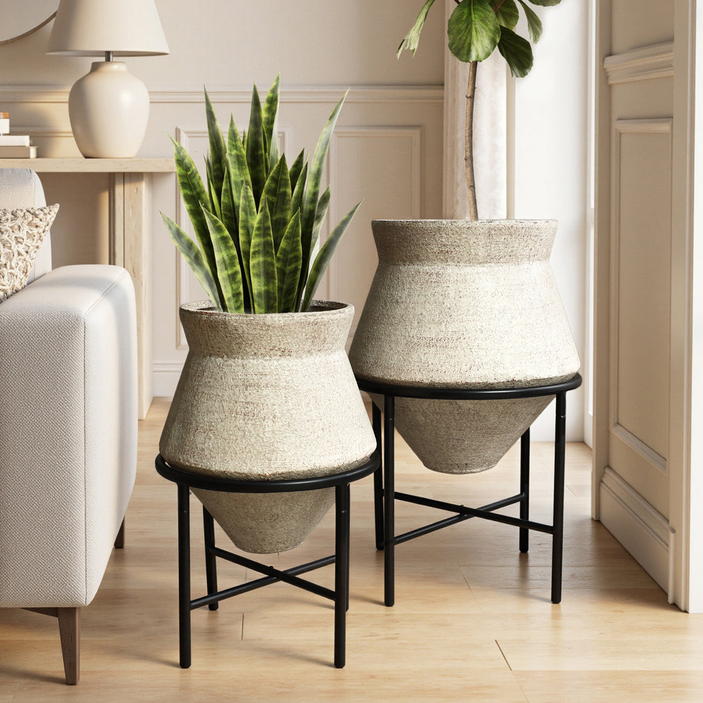 2-Piece 13" & 16" Indoor Floor Planters Metal Cachepot Cauldron Set with Stands, Distressed Beige