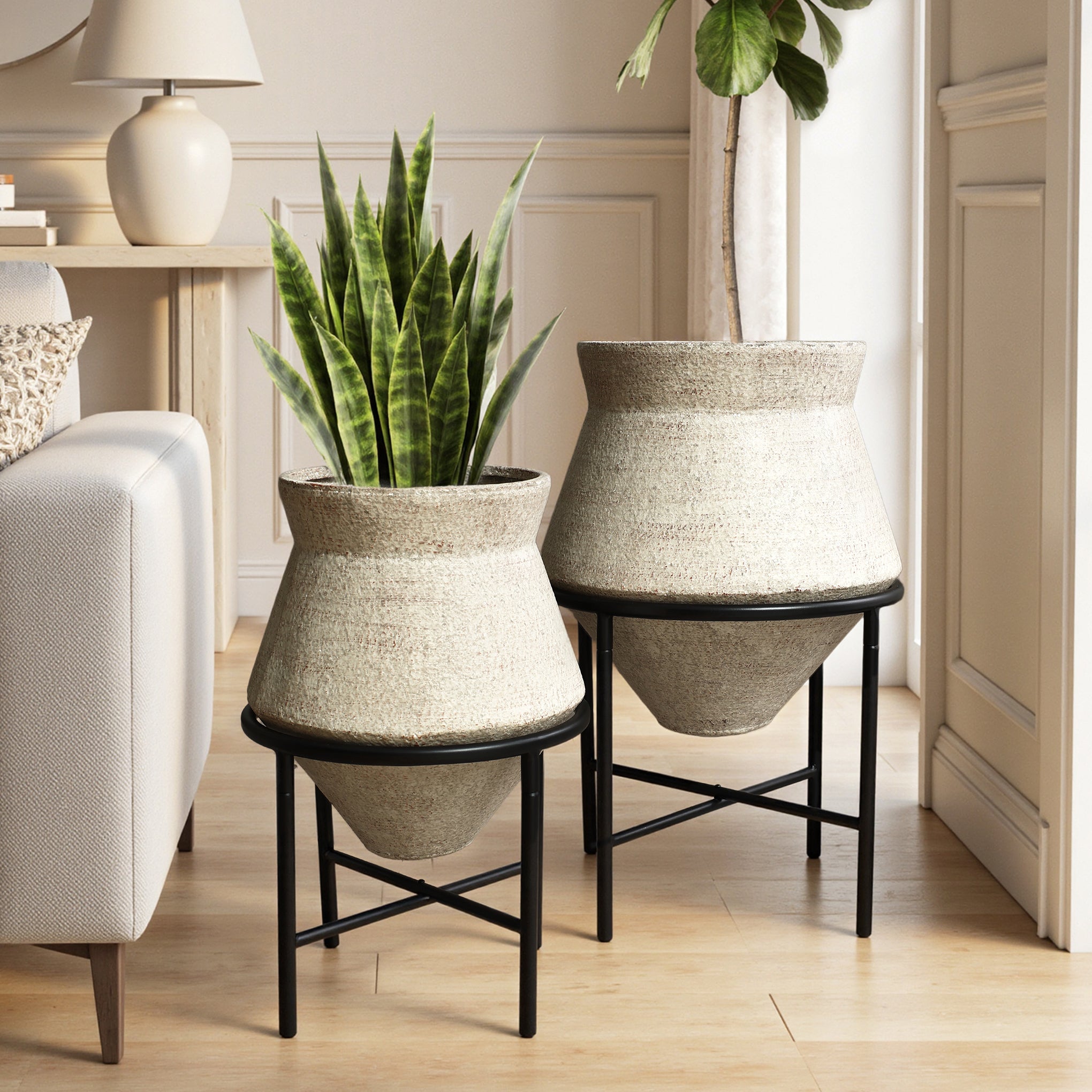 2-Piece 13" & 16" Indoor Floor Planters Metal Cachepot Cauldron Set with Stands, Distressed Beige