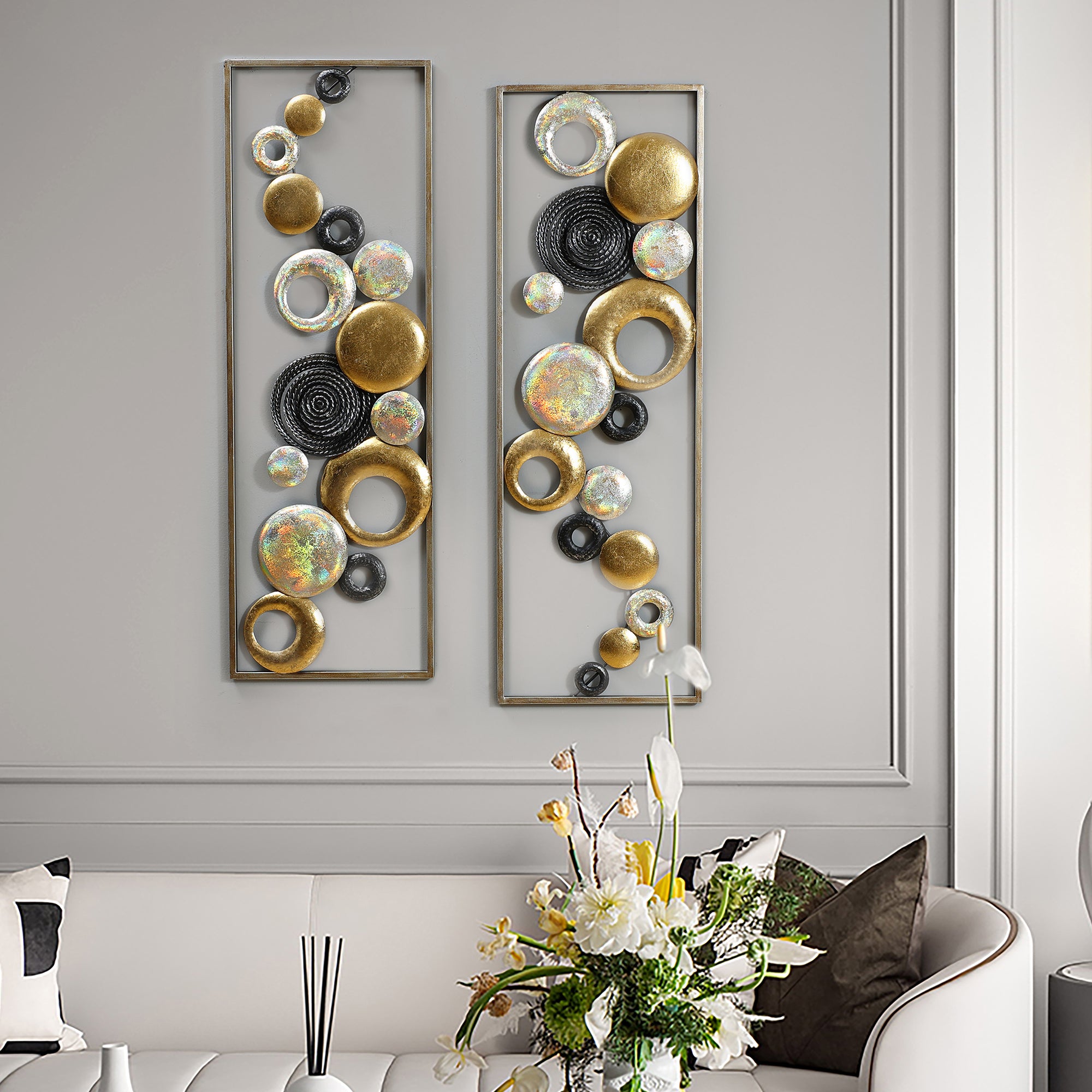 Modern Abstract Iron Wall Art – Geometric Metal Panels with Dynamic Circular Elements