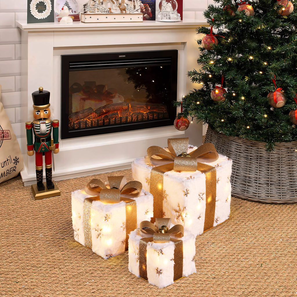 3-Piece Snowflake White and Gold Giftbox Holiday Decoration Set with Lights