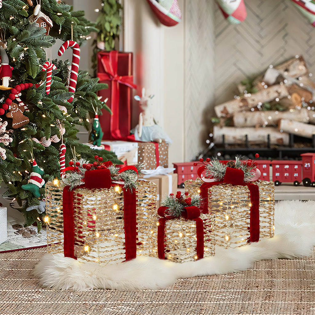 3-Piece Plastic Rattan Gift Box Set with Red Ribbon Outdoor Holiday Decoration with Lights