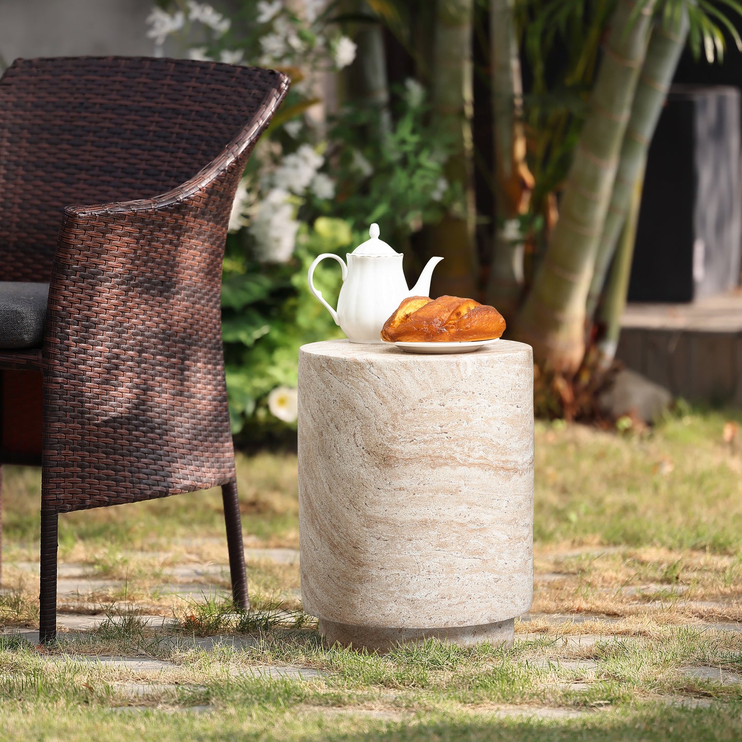 Torrent Round Faux Travertine MgO Side Table, Marbled Beige