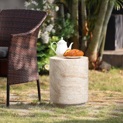 Torrent Round Faux Travertine MgO Side Table, Marbled Beige