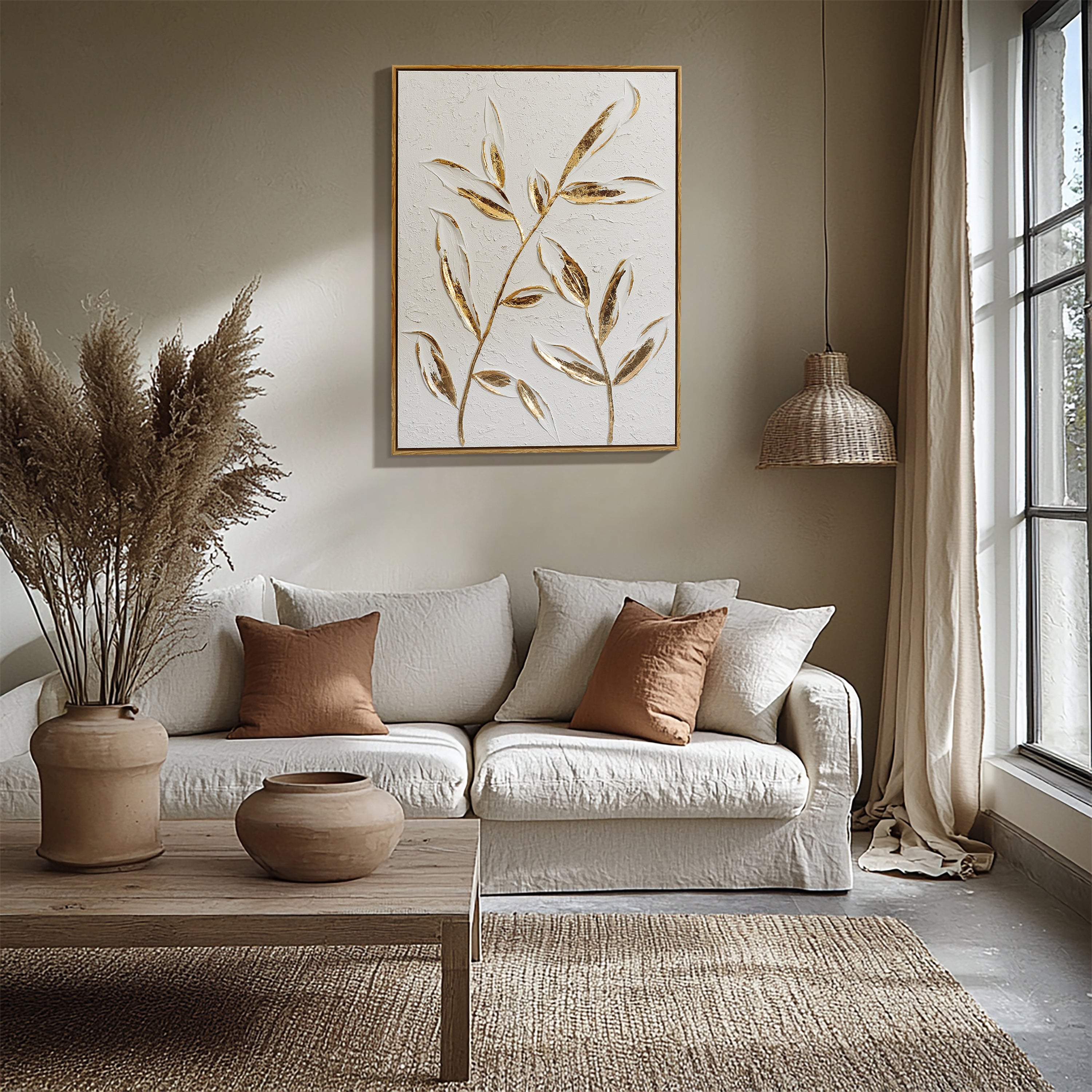 White with Gold Flower Canvas Framed Wall Decor