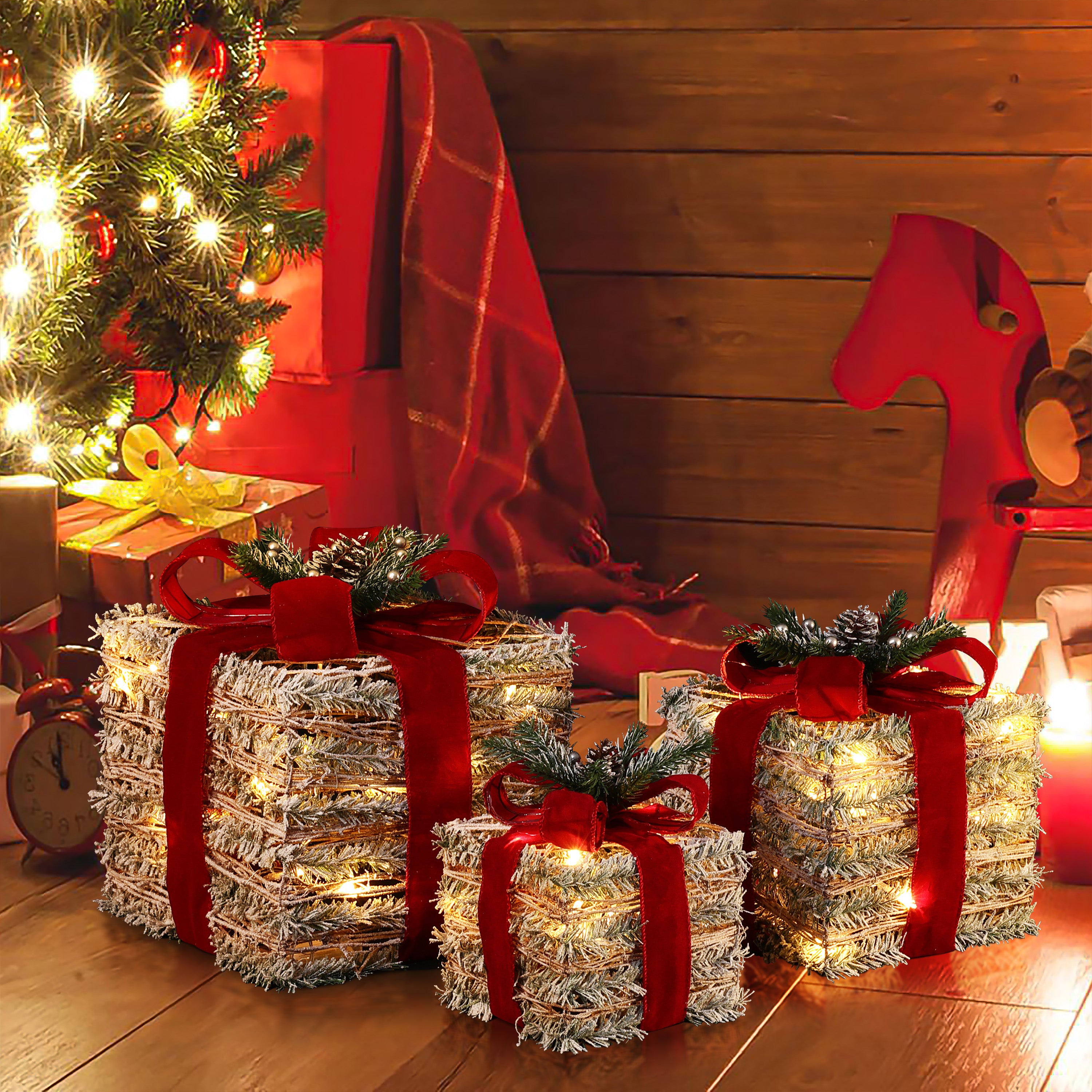 3-Piece Frosted Faux Cedar Branch Giftbox Holiday Decoration Set with Lights