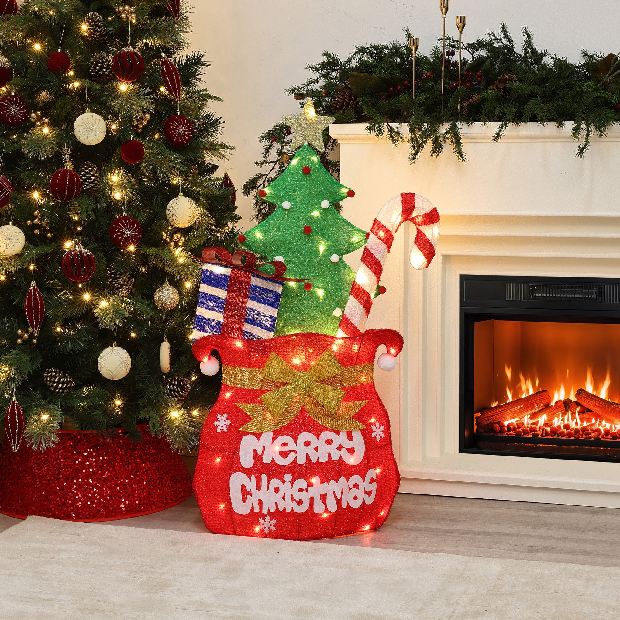 3.4Ft Red Fabric Santa's Pack Outdoor Holiday Decoration with Lights
