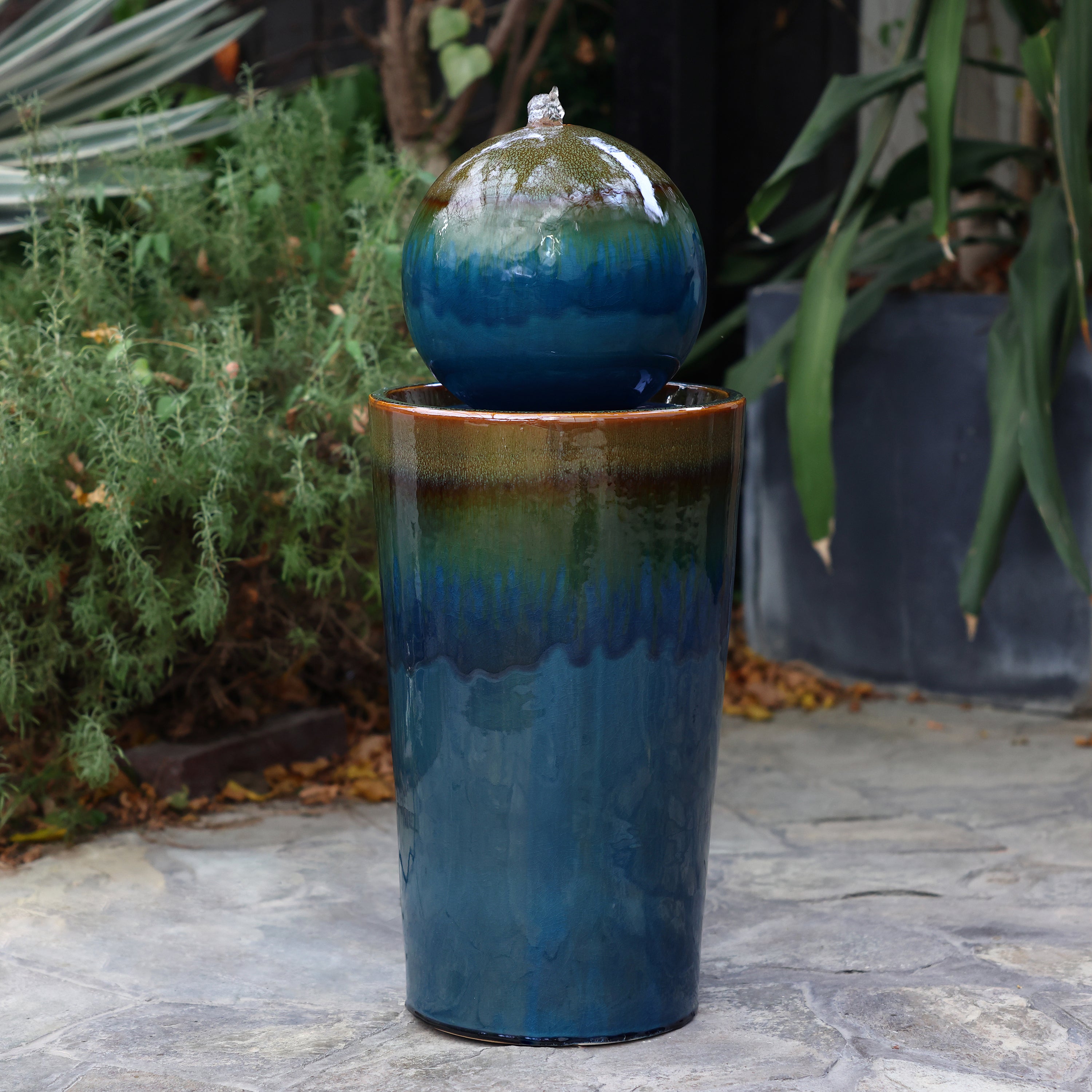 Glazed Blue and Brown Sphere on Pillar Bubbler 30-Inch Tall Ceramic Fountain