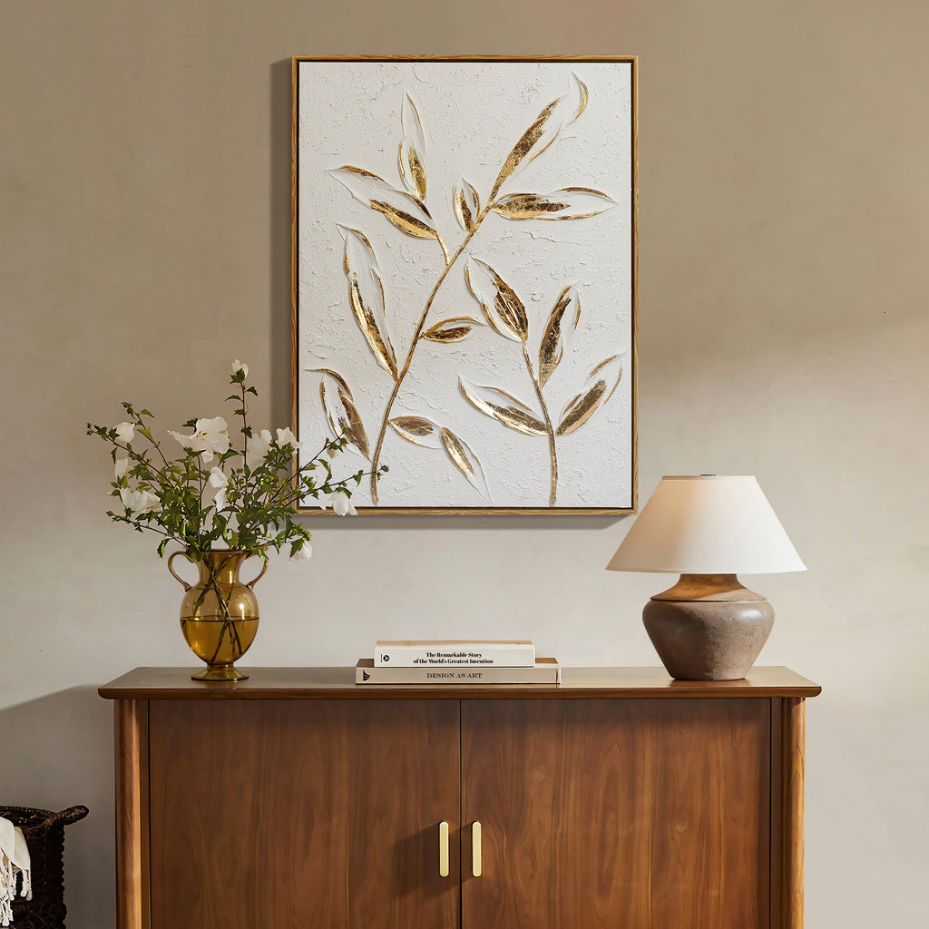 White with Gold Flower Canvas Framed Wall Decor