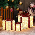 3-Piece Pre-Lit Wavy-Design Gift Box Set with Decorative Red Ribbons and Bows