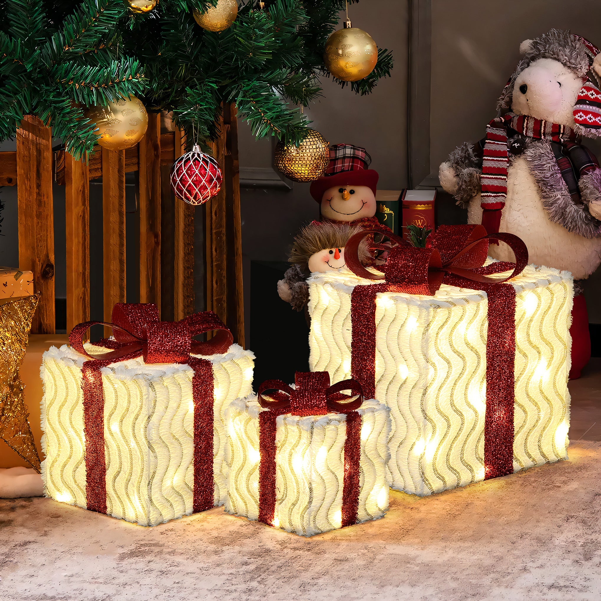 3-Piece Pre-Lit Wavy-Design Gift Box Set with Decorative Red Ribbons and Bows