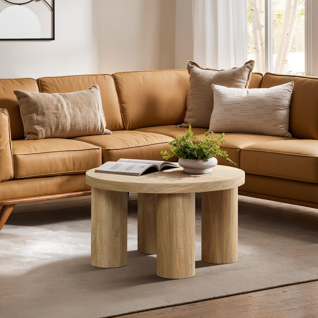 Oak Finish Manufactured Wood Round Coffee Table with 4 Legs