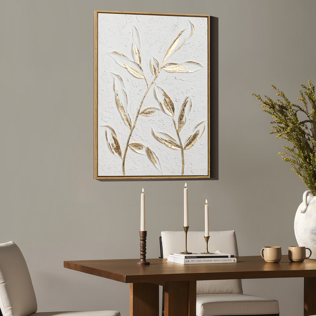 White with Gold Flower Canvas Framed Wall Decor