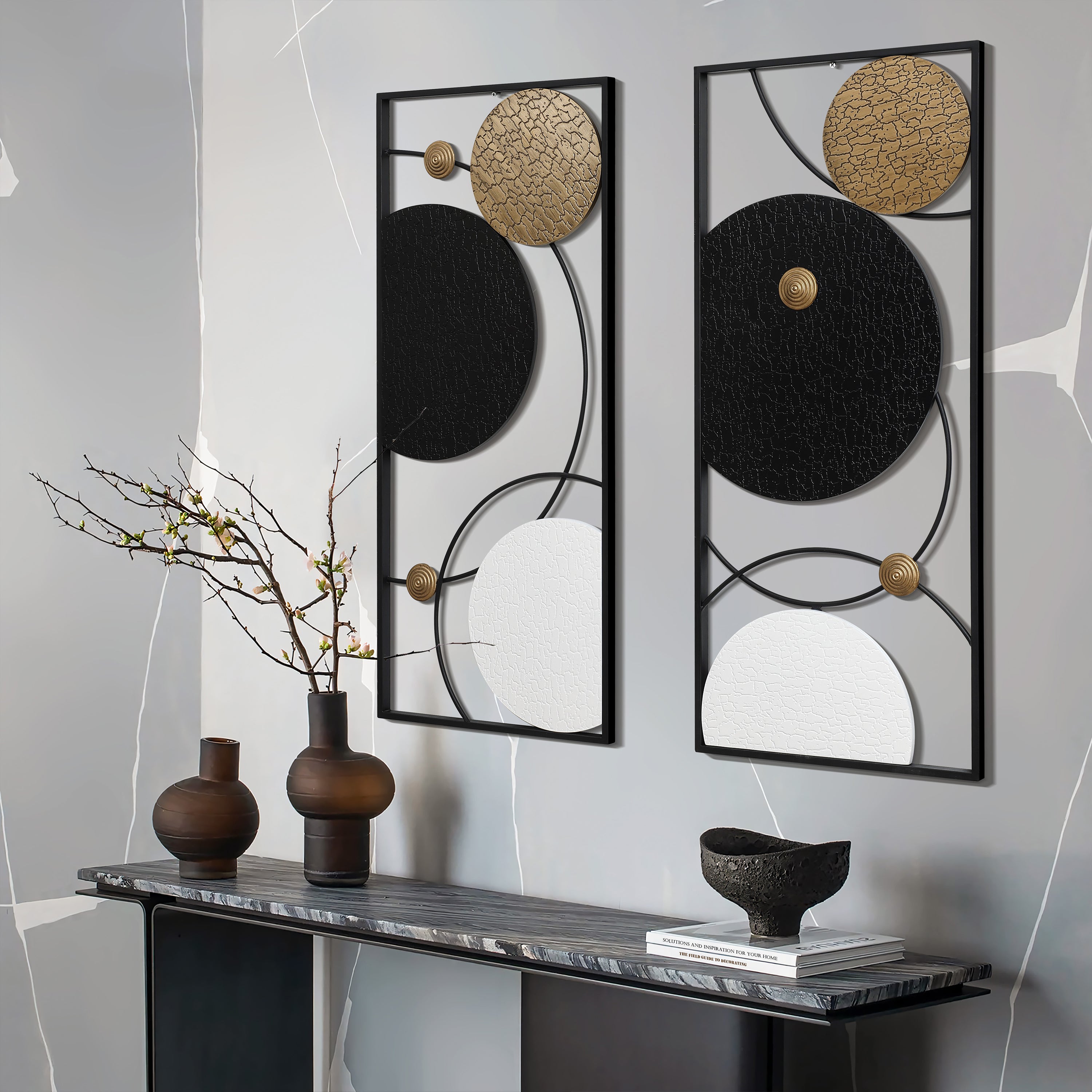 2-Piece Black, White, and Gold Modern Abstract Wall Decor Set