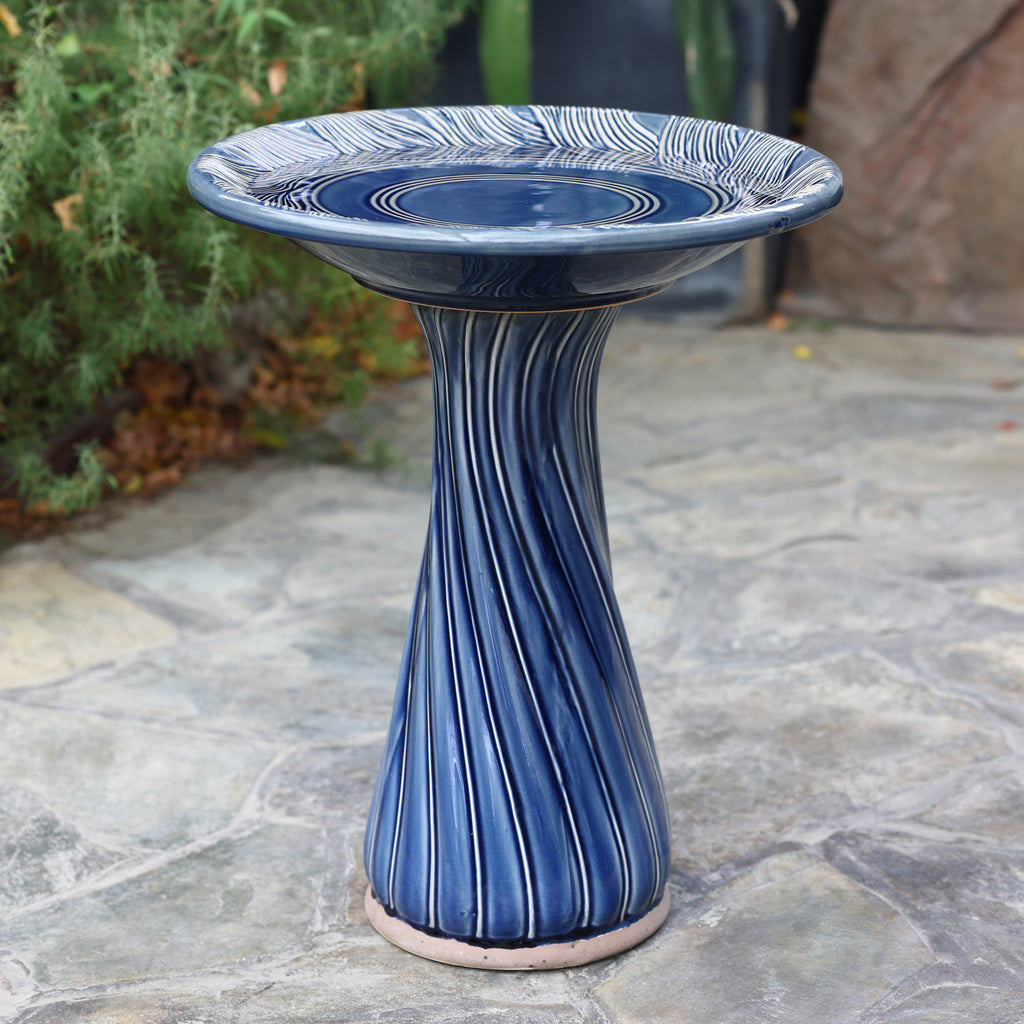 Blue Leaves and Swirl 22-Inch Tall Ceramic Birdbath