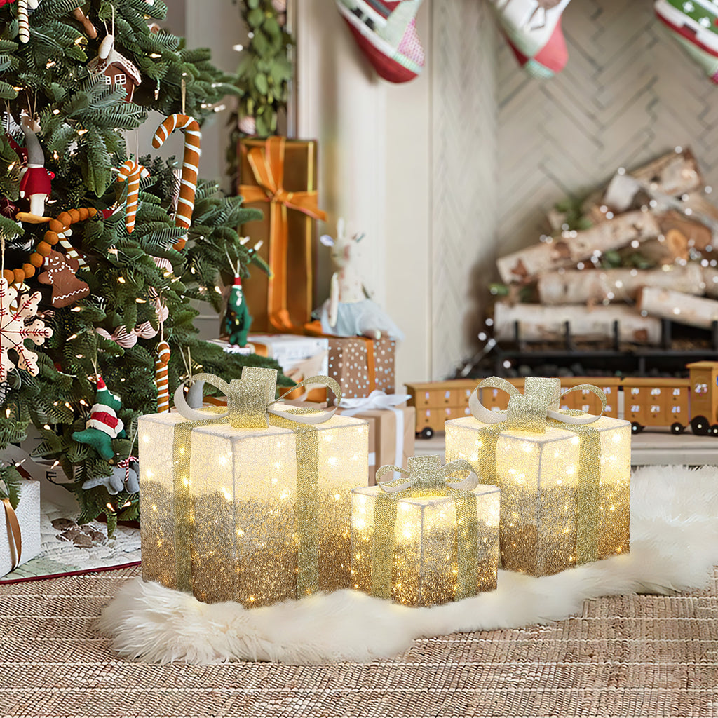 3-Piece Pre-Lit White Crackle Gift Box Set with Timer