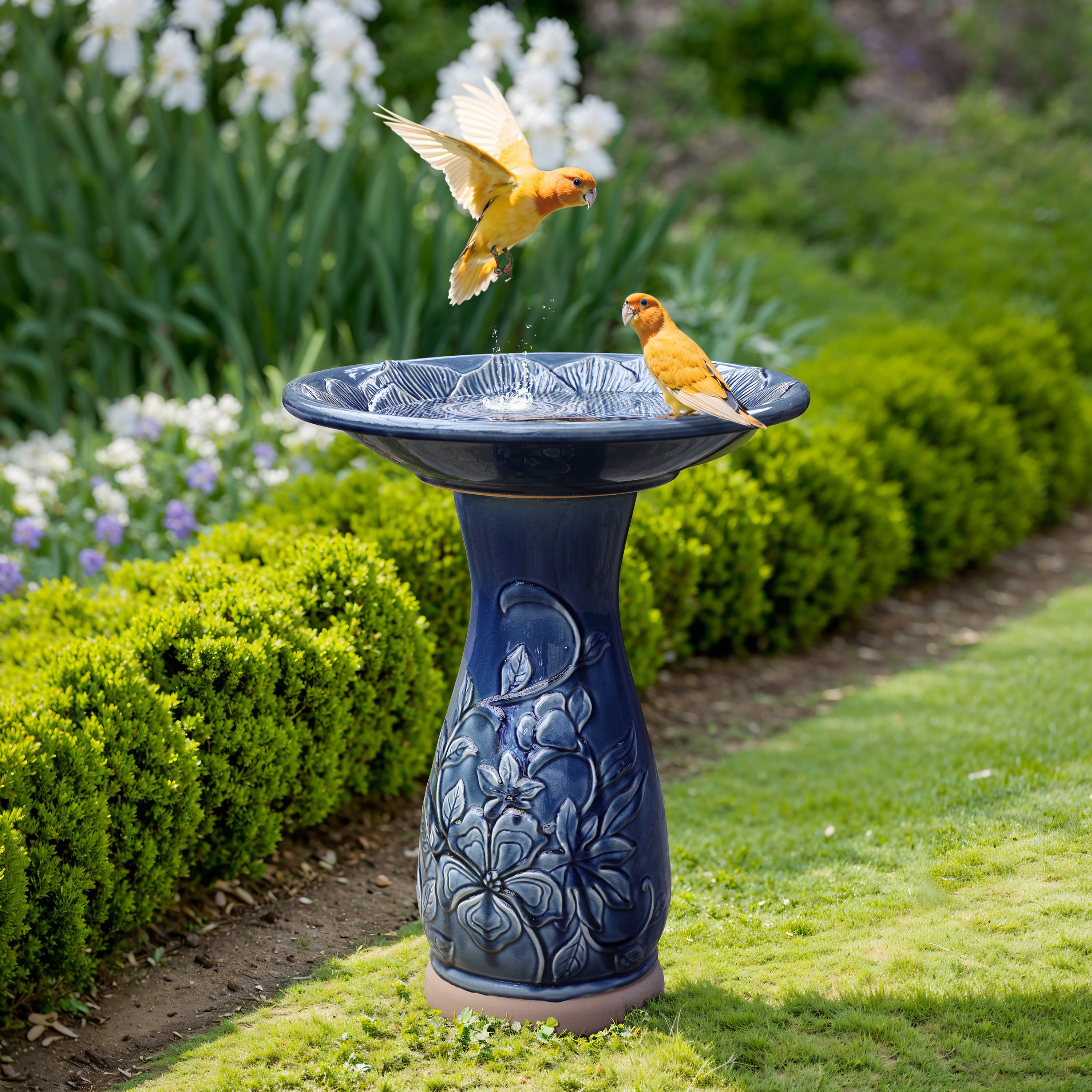 Blue Petals and Vines 22-Inch Tall Ceramic Birdbath