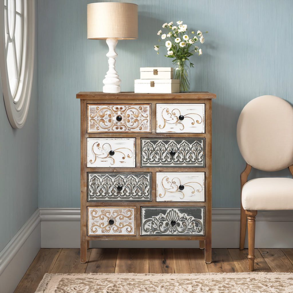 8-Drawer 32" H x 25.8" W Rustic Carved Wood Accent Chest
