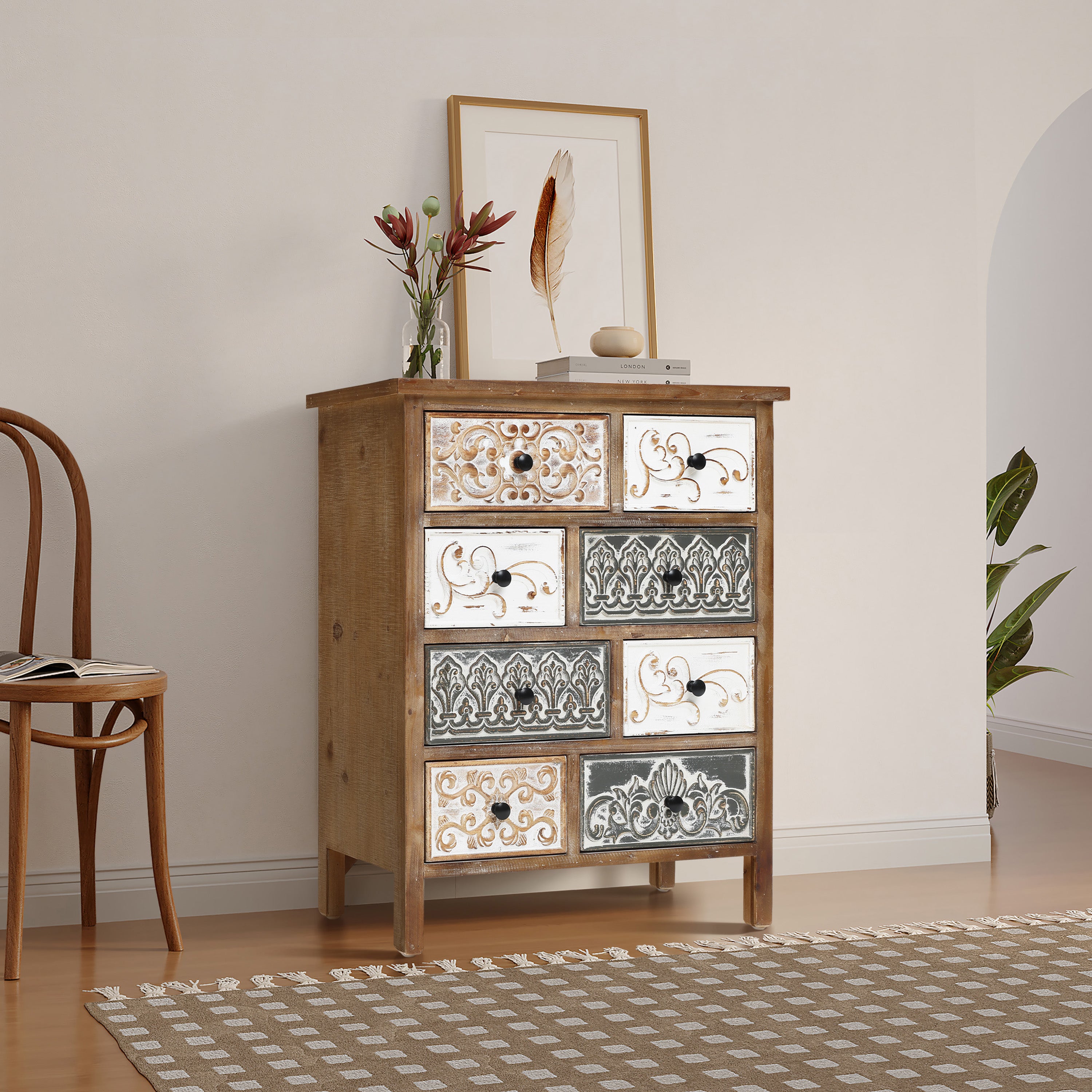 8-Drawer 32" H x 25.8" W Rustic Carved Wood Accent Chest