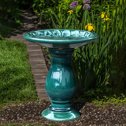 Tulip Ceramic Garden Bird Bath, Moss Green, 22"