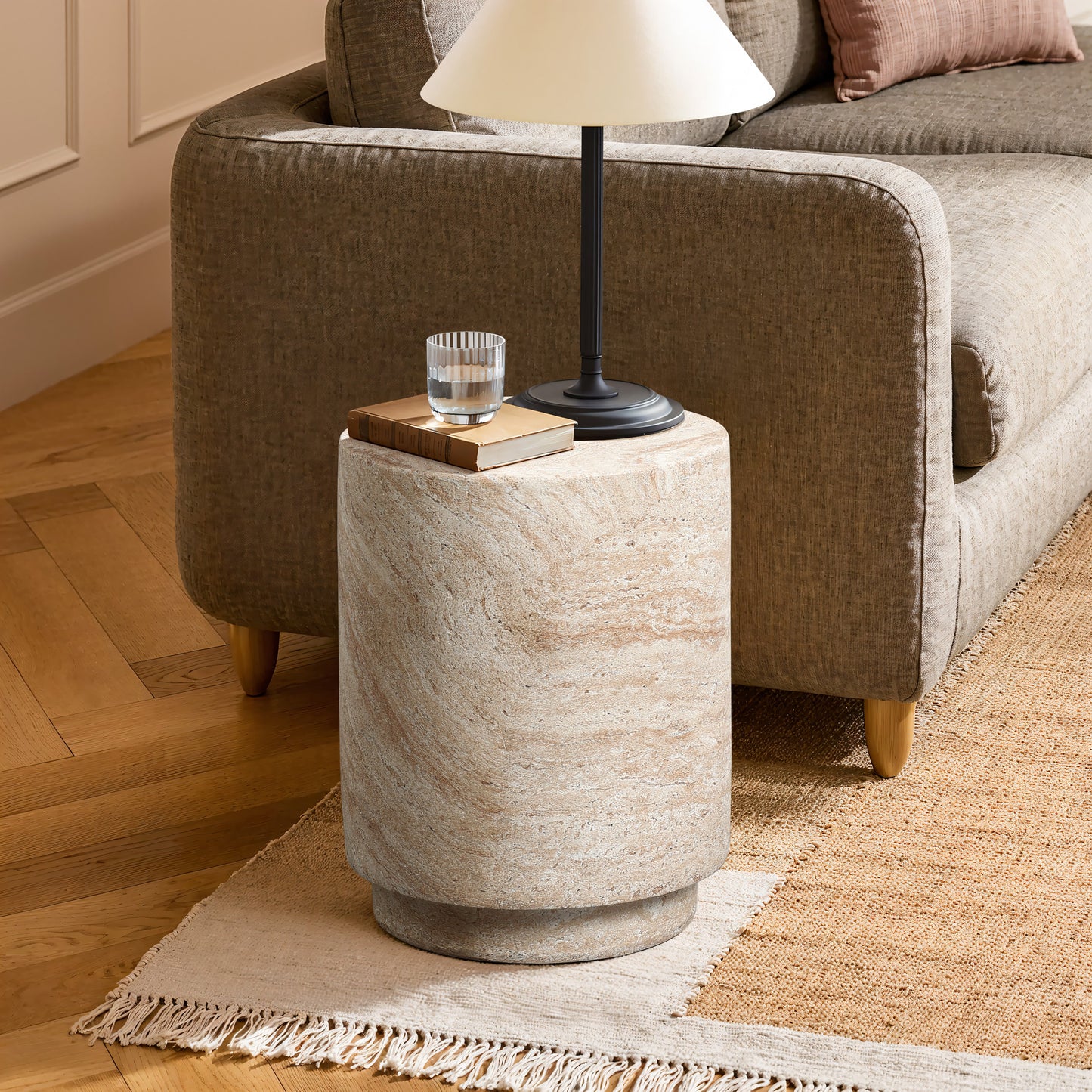 Torrent Round Faux Travertine MgO Side Table, Marbled Beige