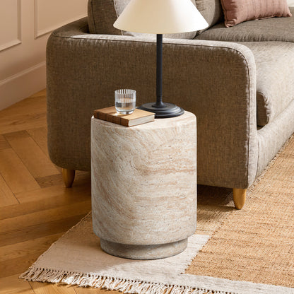Torrent Round Faux Travertine MgO Side Table, Marbled Beige