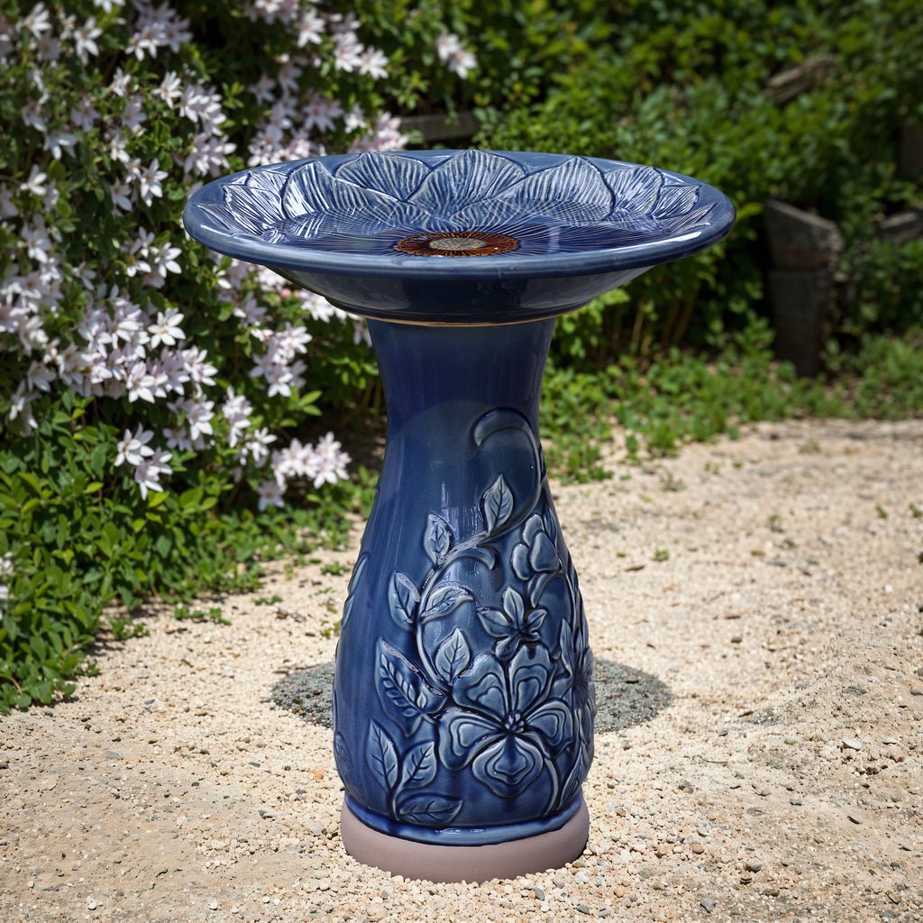 Blue Petals and Vines 22-Inch Tall Ceramic Birdbath