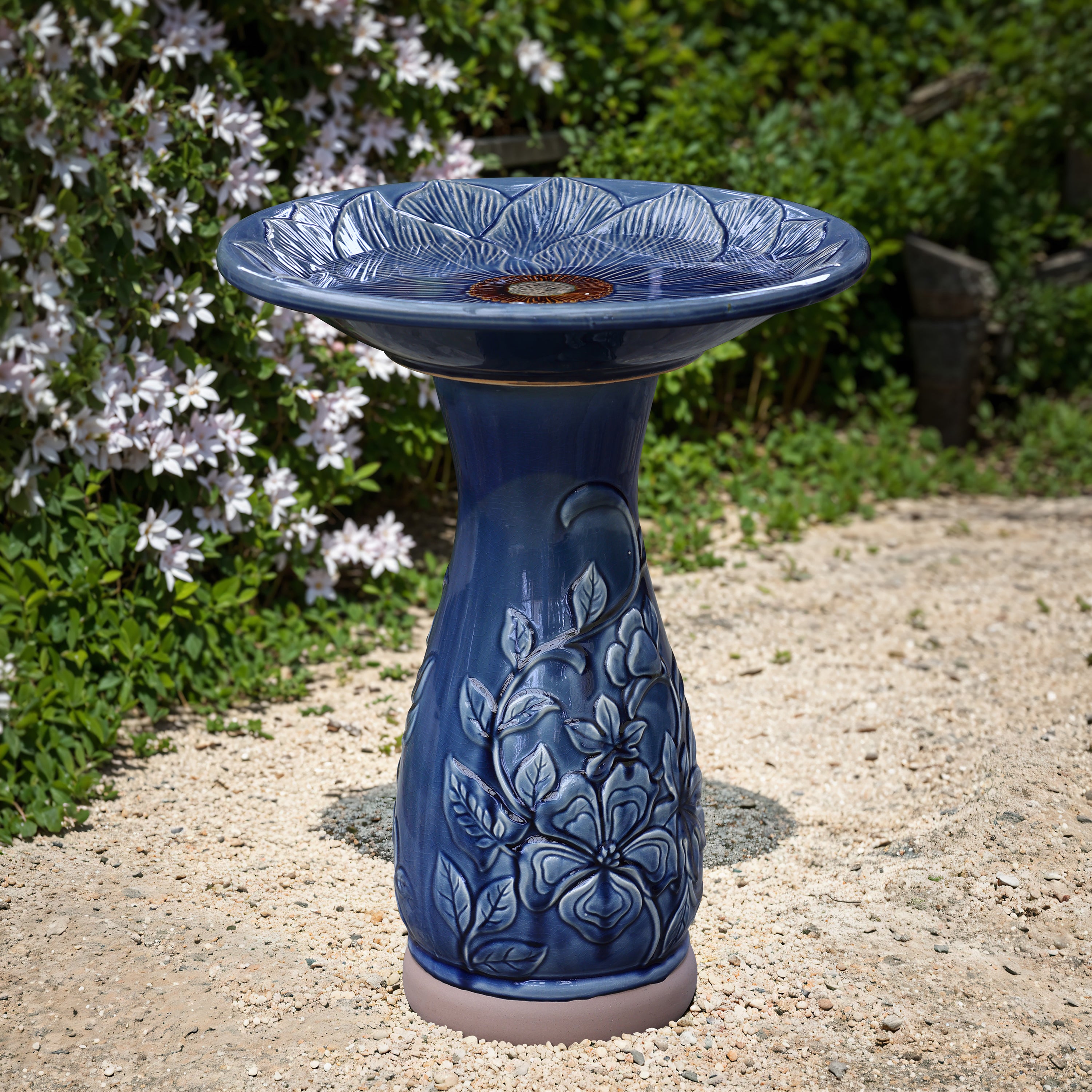 Blue Petals and Vines 22-Inch Tall Ceramic Birdbath