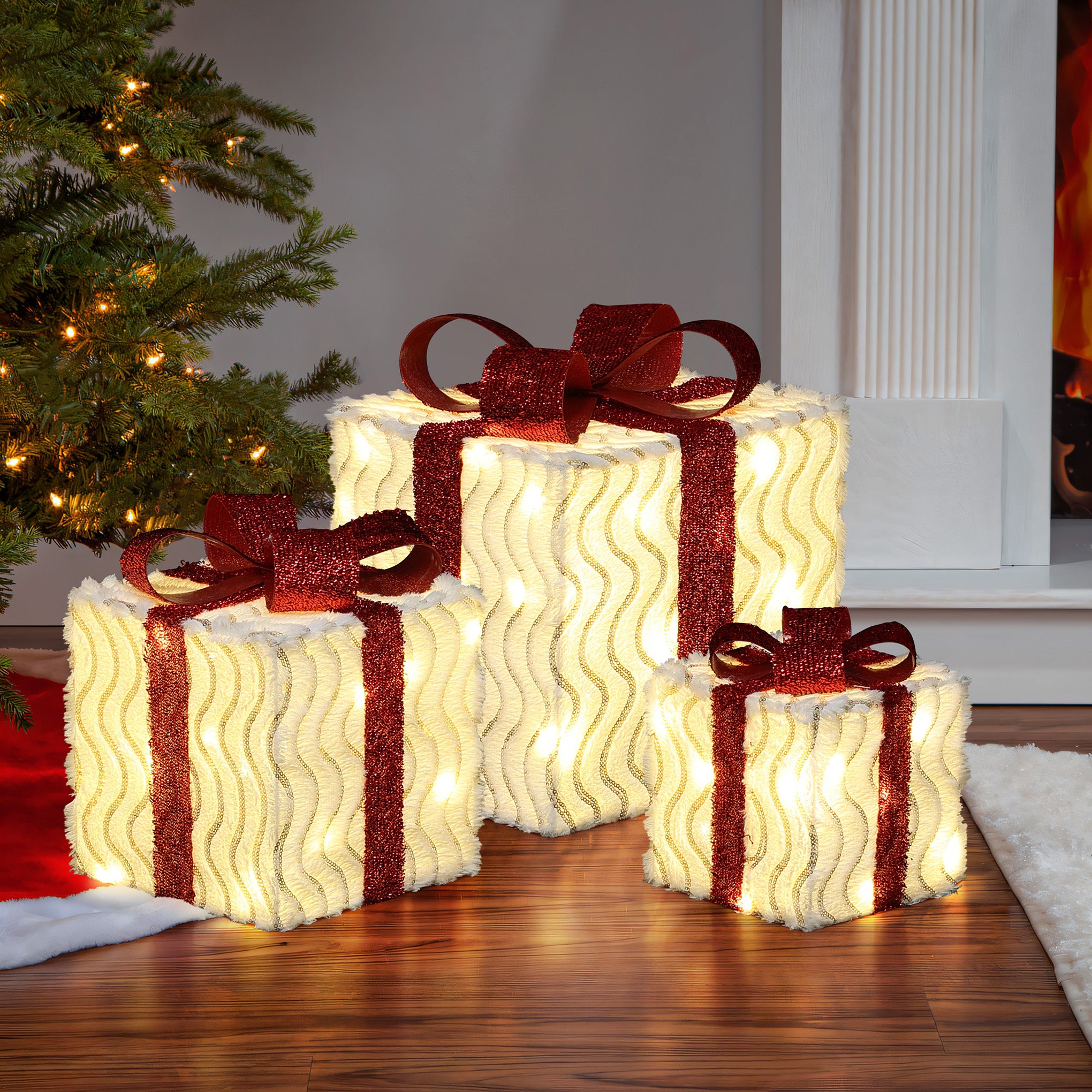 3-Piece Pre-Lit Wavy-Design Gift Box Set with Decorative Red Ribbons and Bows