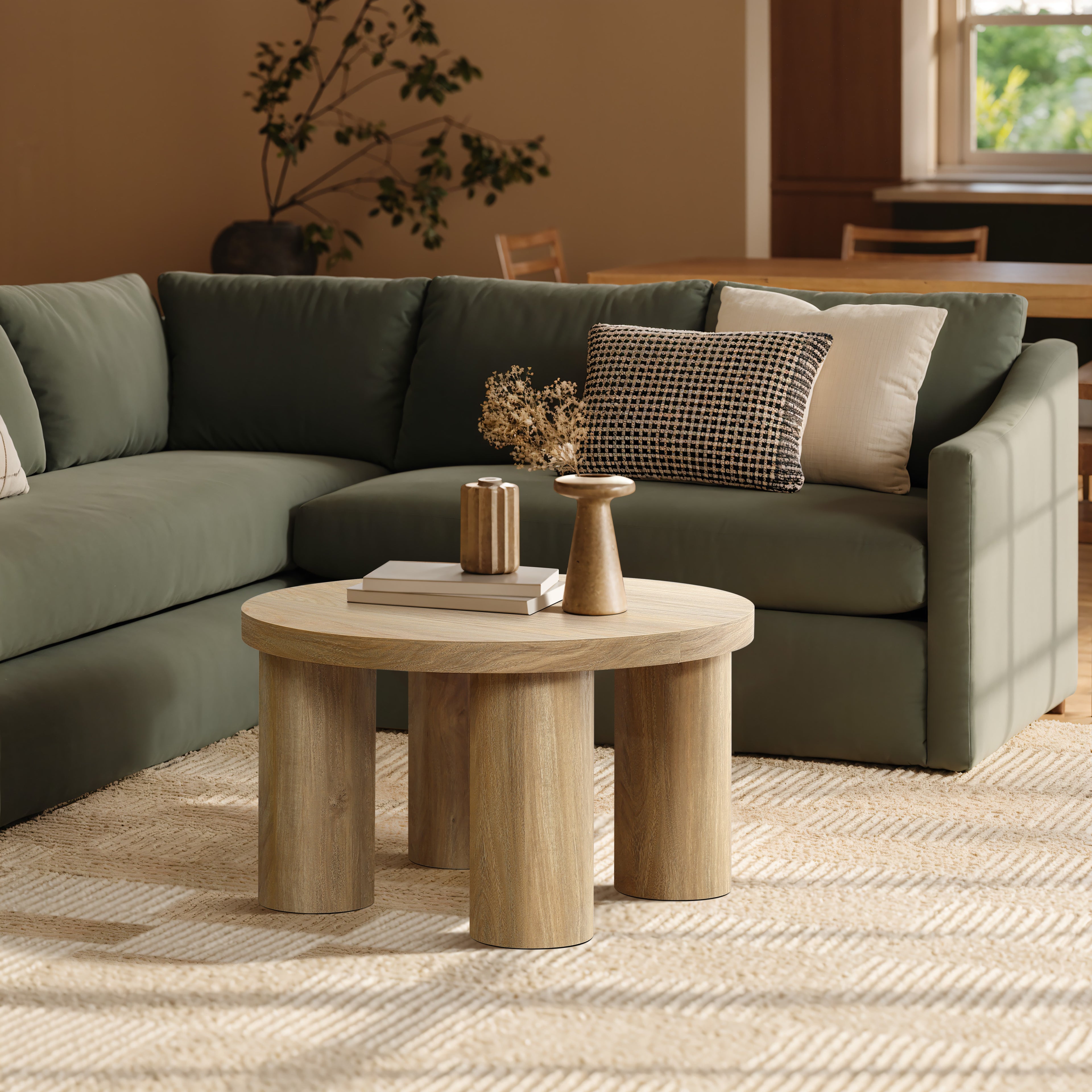 Oak Finish Manufactured Wood Round Coffee Table with 4 Legs