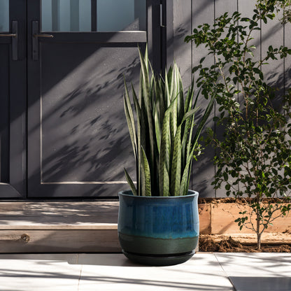 Ridge Glazed Ceramic Round Planter, Blue-Green Ombre, 10.5"